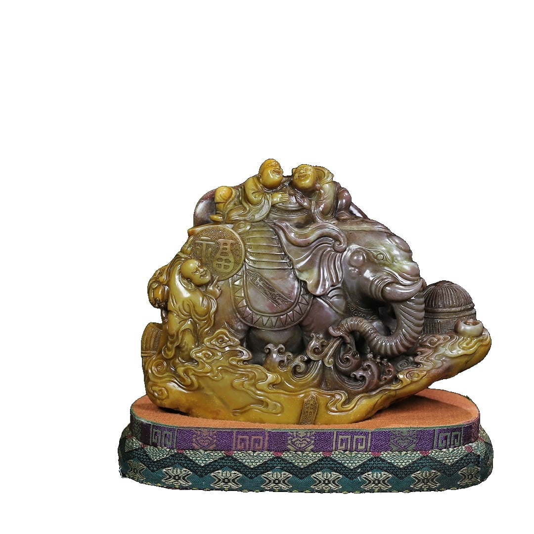 Shoushan Stone Arhat Play Elephant Seal Ornament (1 of 11)