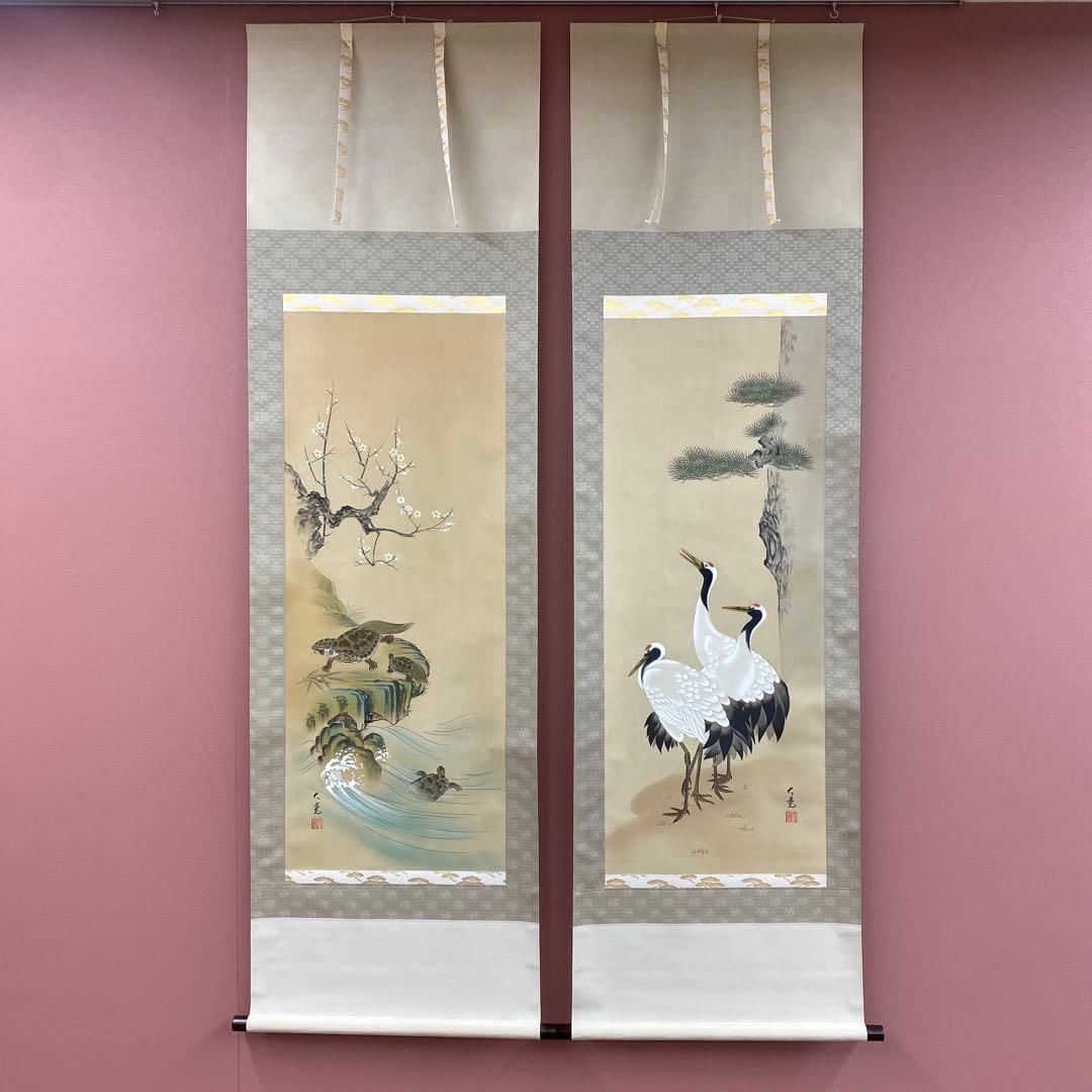Suzuki Daikan's exquisite hanging scroll features a pattern of cranes and turtles, symbolizing (1 of 12)