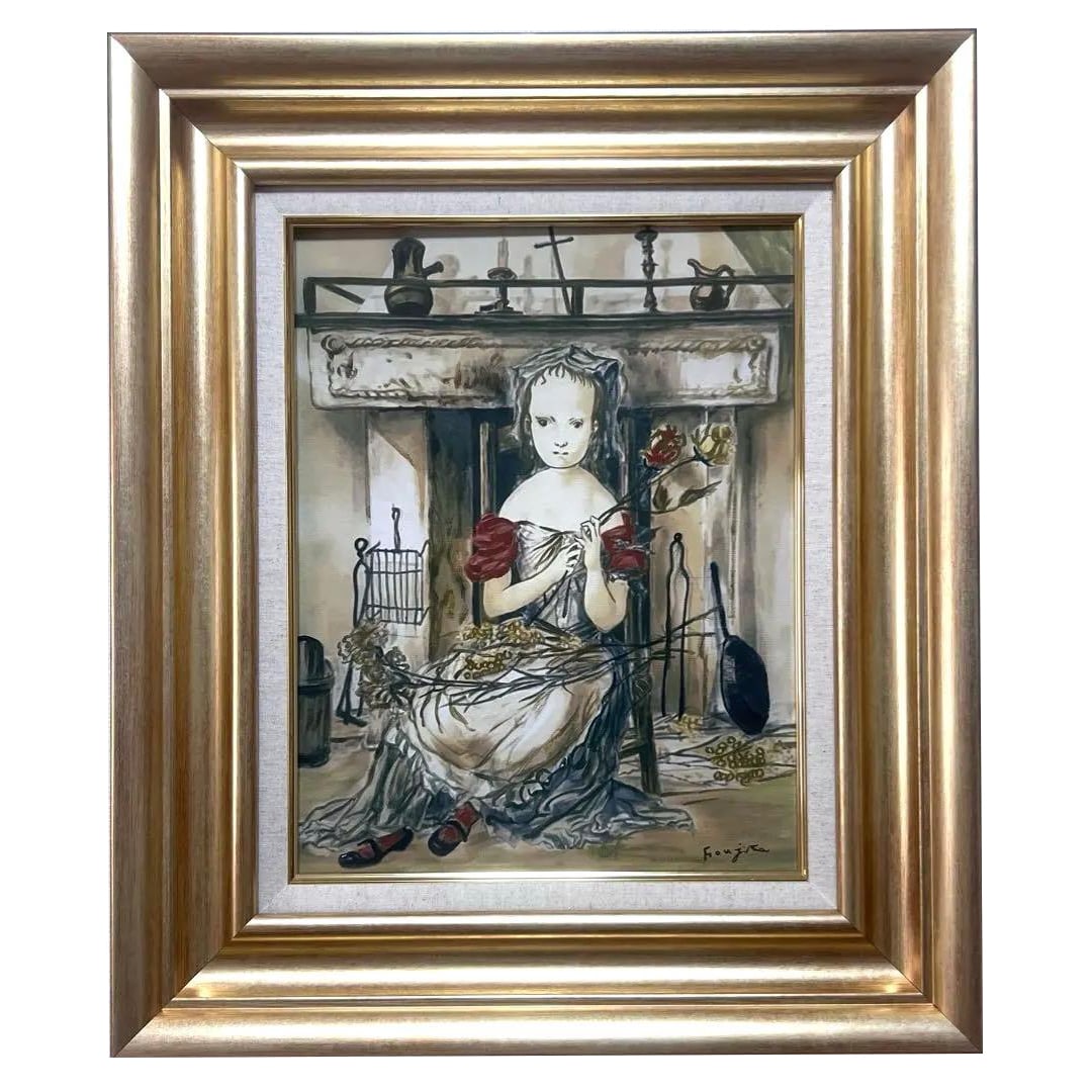 Foujita's oil painting The Girl in Front of the Fireplace: Foujita's oil painting 'Young Girl in Front of a Fireplace', signed on both the front and back, measures 41cm x 31.8cm, with the frame approximately 60cm x 51cm. Freight: 1.International Shipping: For