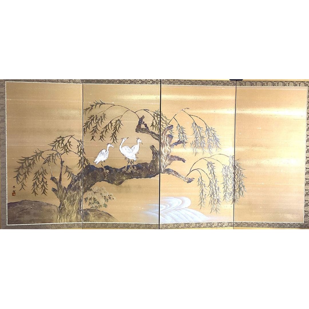 Four-fold screen, willow tree and heron (1 of 10)