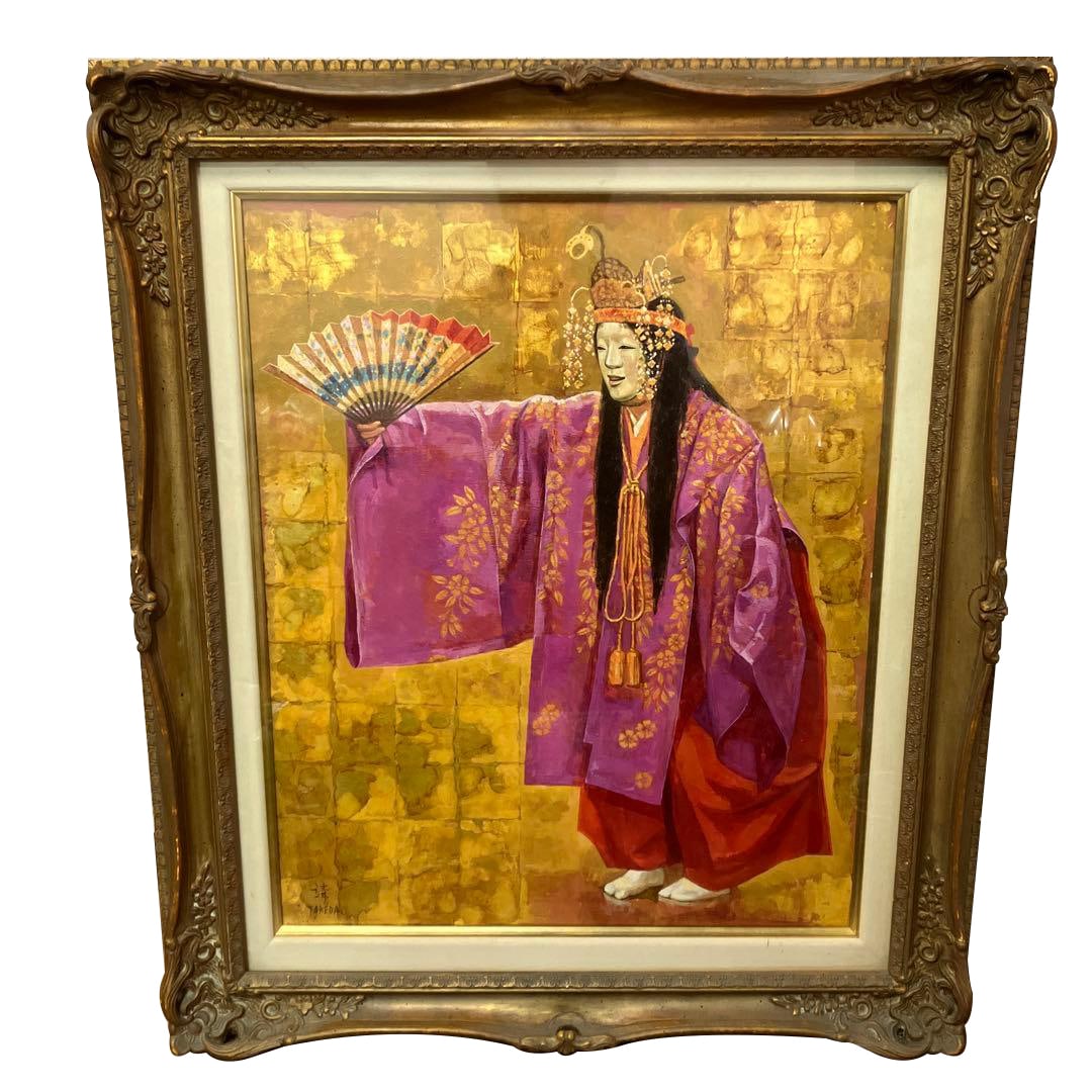 Kurokawa Noh Mask Oil Painting, by Yasuo Takeda: Kurokawa Noh mask oil painting, created by Yasuo Takeda. This is an oil painting or Japanese painting themed on Noh. The painting depicts a figure dressed in Noh attire, holding a fan, with a splendid