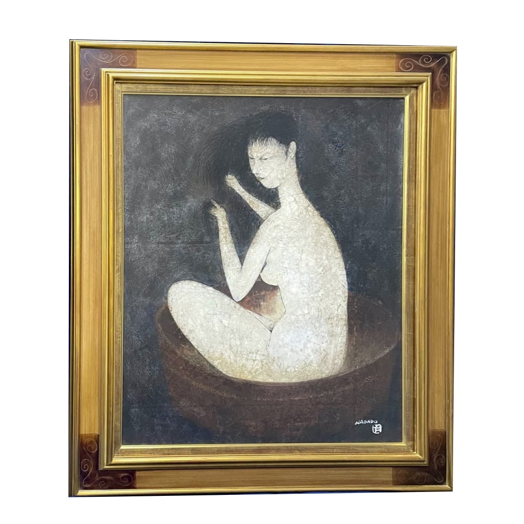 Naoto Nakamura, Combing Hair (Nude), Original Gouache Painting, Artist Signed: Original gouache painting by Naoto Nakamura (1905-1981).This artwork was created using the artist's unique 'origami' technique, followed by coloring with opaque watercolors (gouache).The unevenness pr