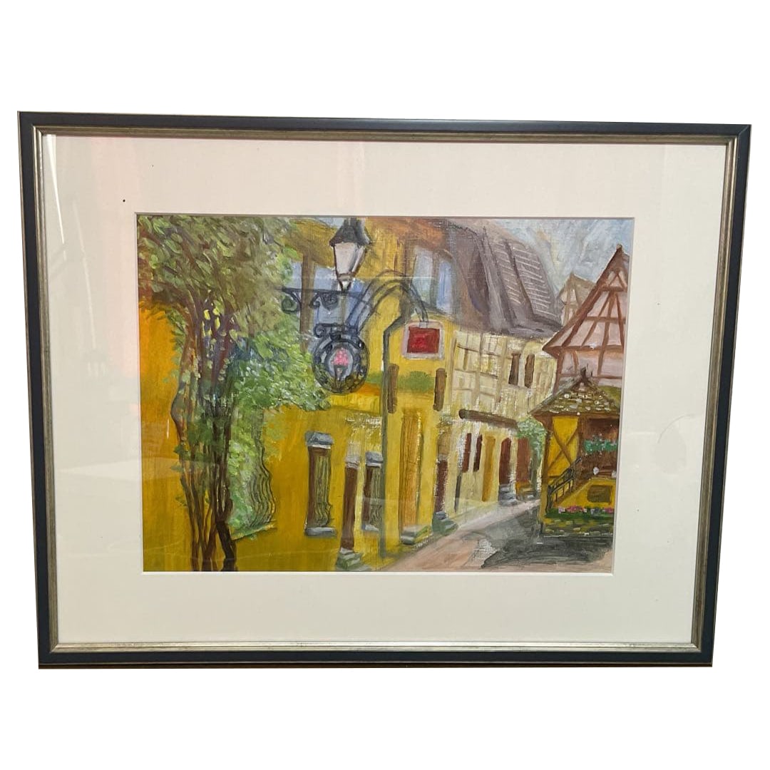 Oil painting 'French Street Scene' has been framed: A painting depicting a vibrant yellow cityscape.Frame size: 53 x 41 centimeters Freight: 1.International Shipping: Foreign shipping costs are determined by the destination. 2.Photos, descriptions and