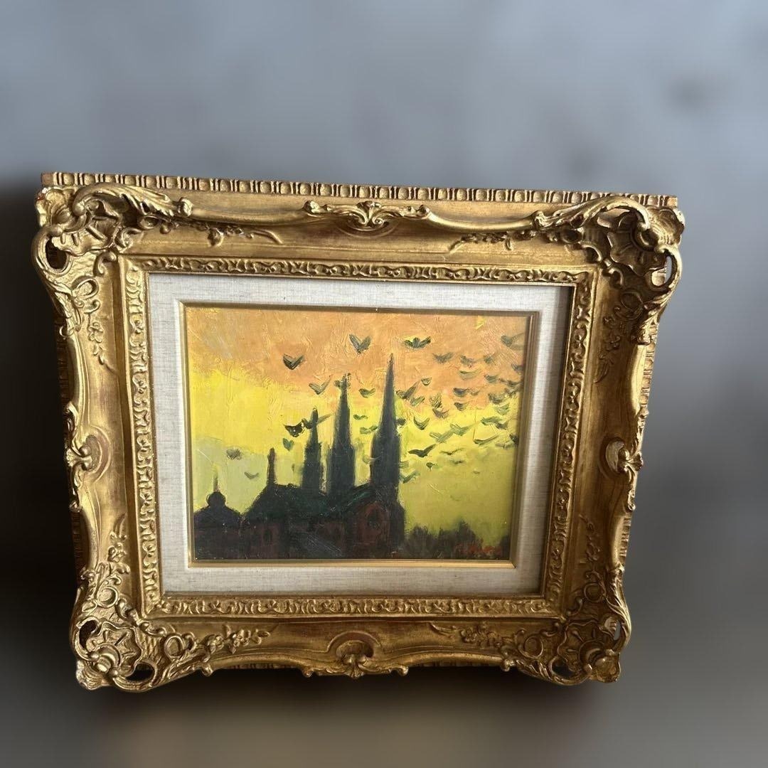 A beautifully framed Impressionist oil painting depicting the outline of a church. (1 of 16)