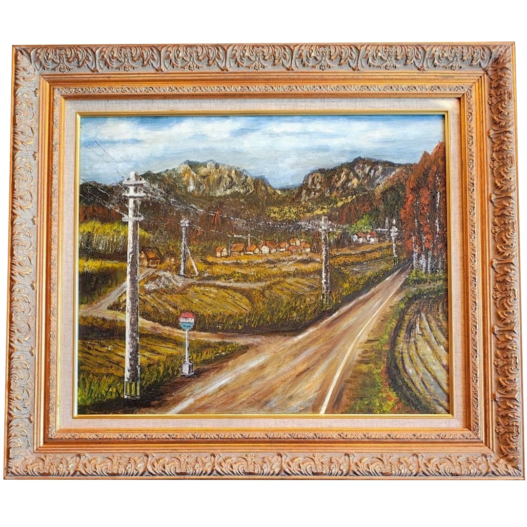 Large oil painting, framed landscape, bus stop, mountain road (1 of 14)