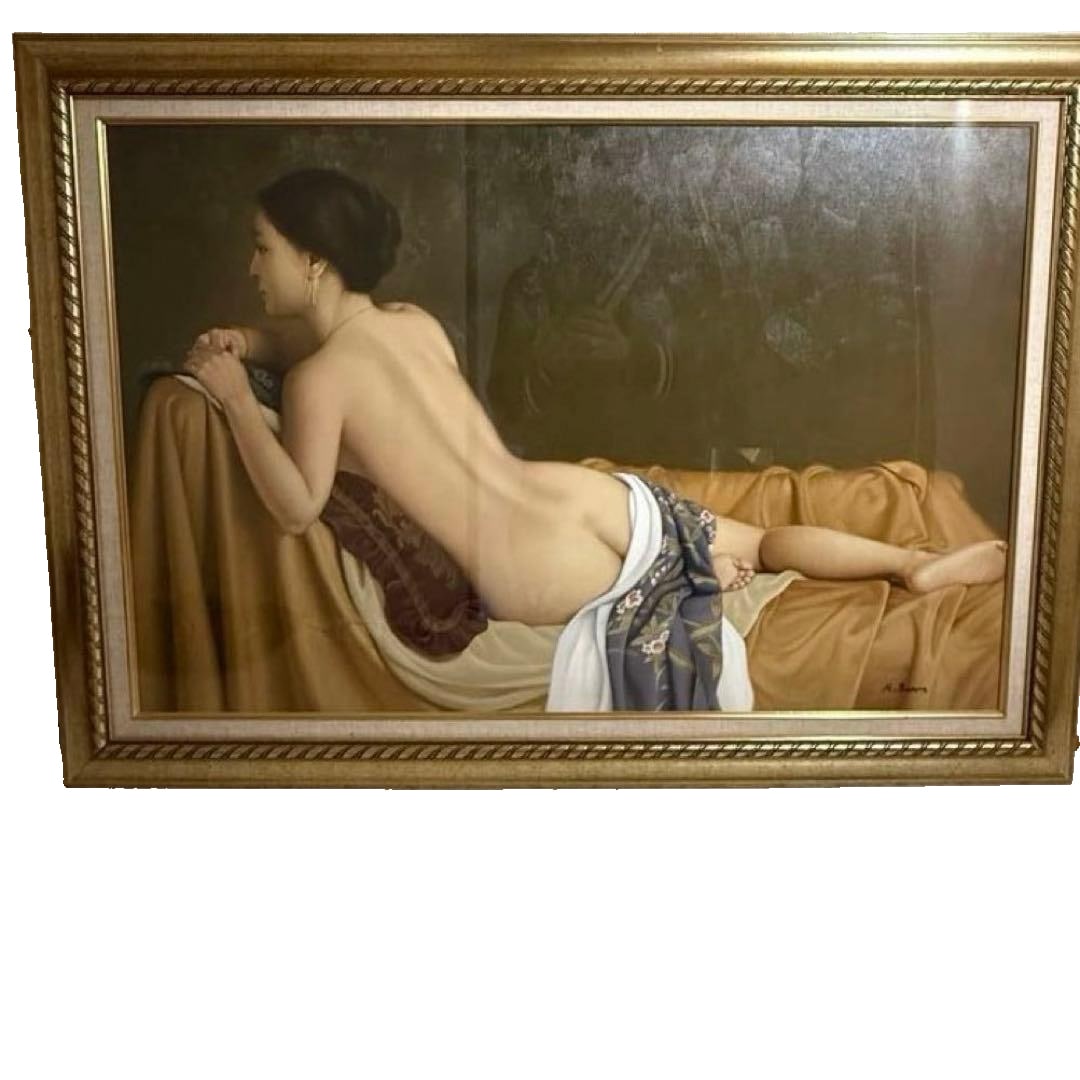 Realistic oil painting nude, hand-painted oil painting with signature: This is a hand-painted oil painting, depicting a reclining woman, painted with extreme realism.Body lines are smooth and natural, with the overlapping of bones, muscles, and skin flowing naturally on