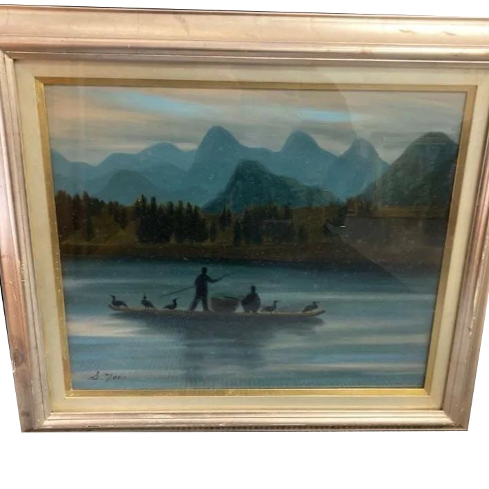 Cormorant Fishing Fisherman by S. Yama: This painting by Yama depicts a scene of cormorant fishing. In the painting, two fishermen are in a small boat, controlling the cormorants, with several cormorants circling around them. The distant, u