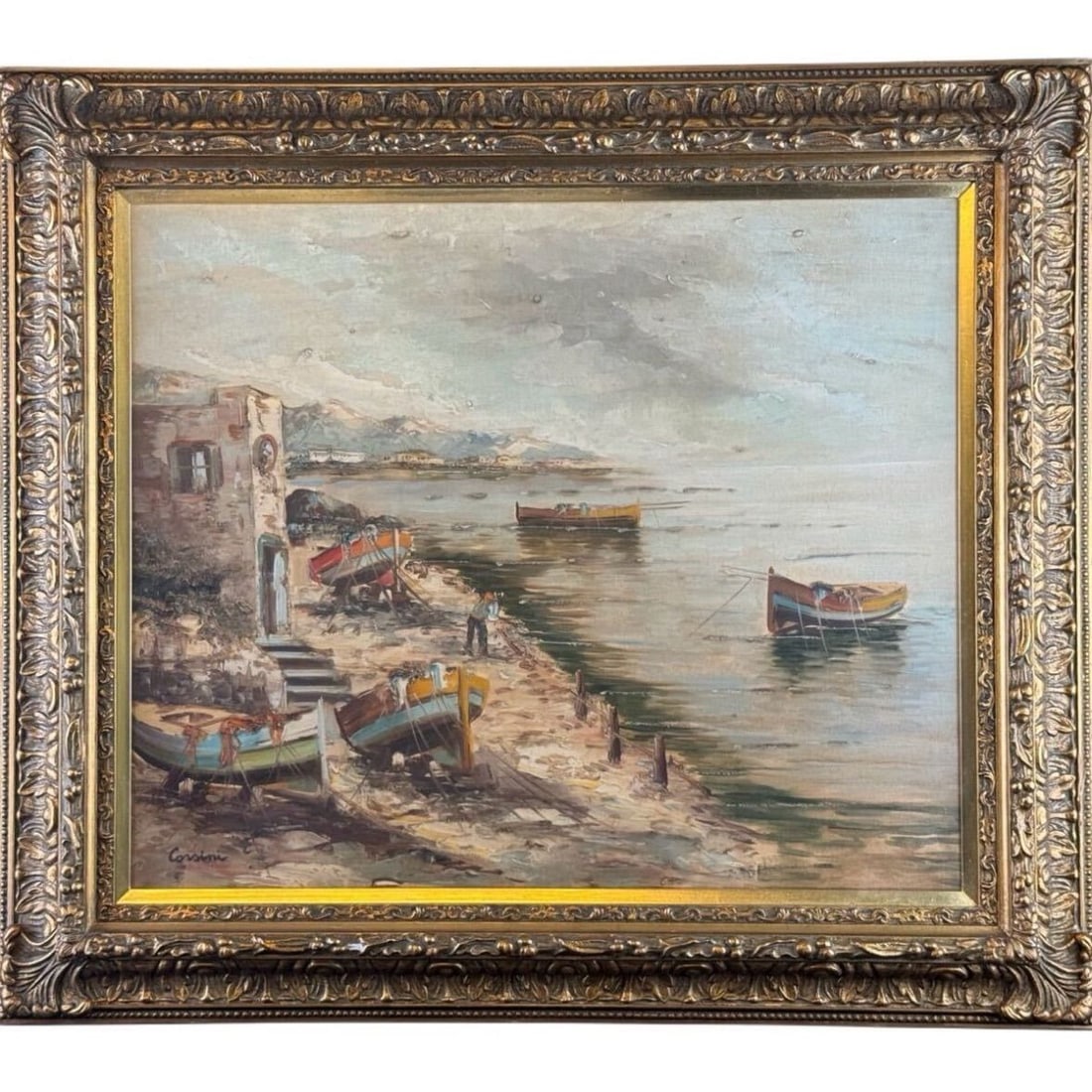 Alberto Cosini 'Fish Port' oil painting, large landscape (1 of 9)