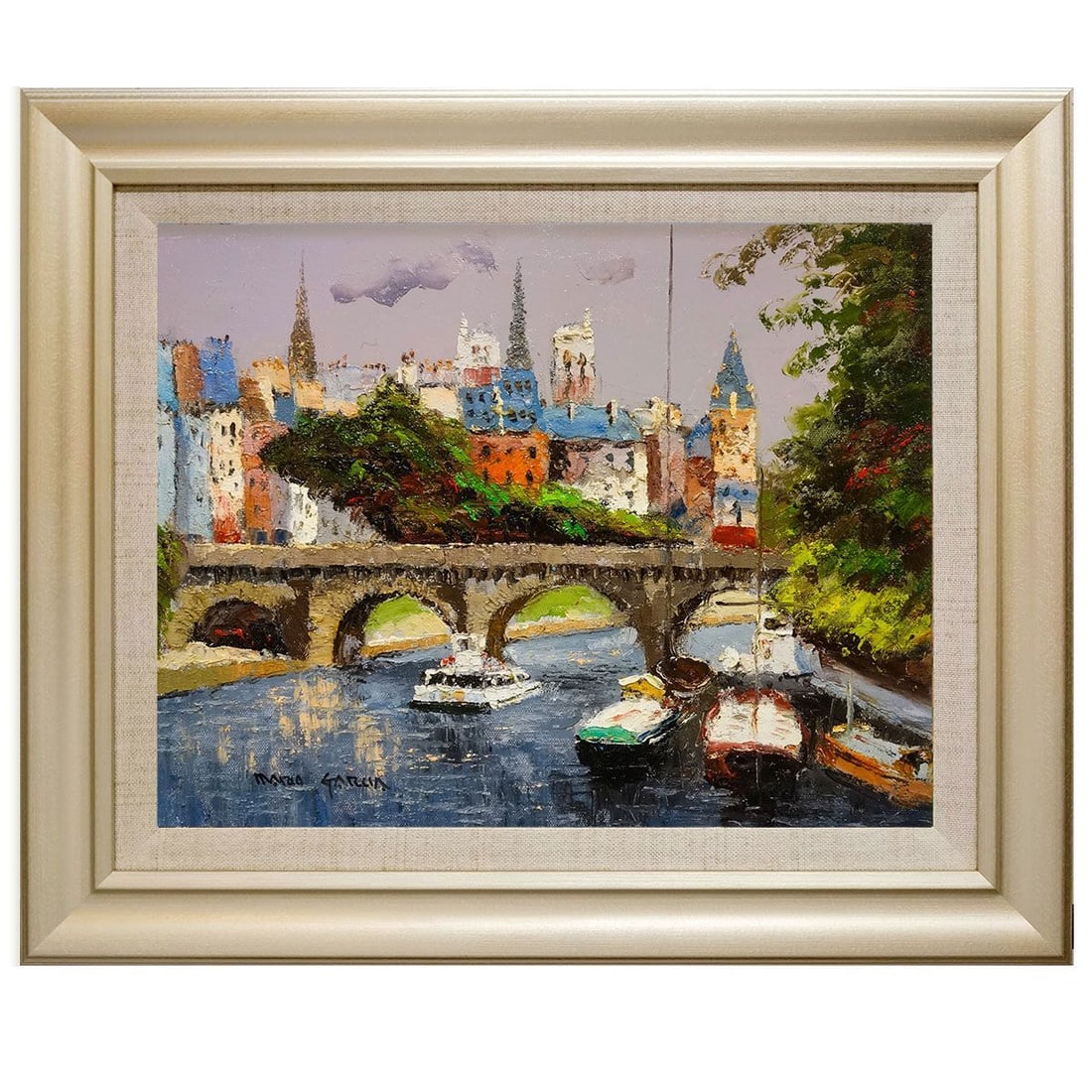 Mario Garcia's Seine River oil painting: Mario García's oil painting, "The Seine," depicts a Parisian landscape, the city center, a riverside stroll, and is framed. It is an original, hand-painted landscape painting.Product Description: The
