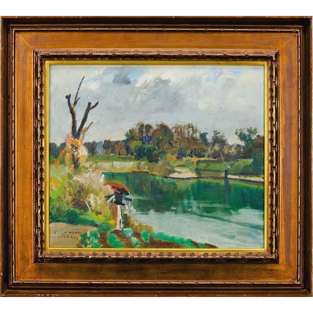 Original oil painting 'Early Spring Stream' by Ishihara Yoshitake, 1961.: Iwata Yoshitake, Early Spring Stream Oil Painting, No. 10, 1961. Tender green plants and a tranquil riverbank. Collection of Okayama Prefectural Museum of Art.Iwata Yoshitake(1896-1981) Born in Uchida