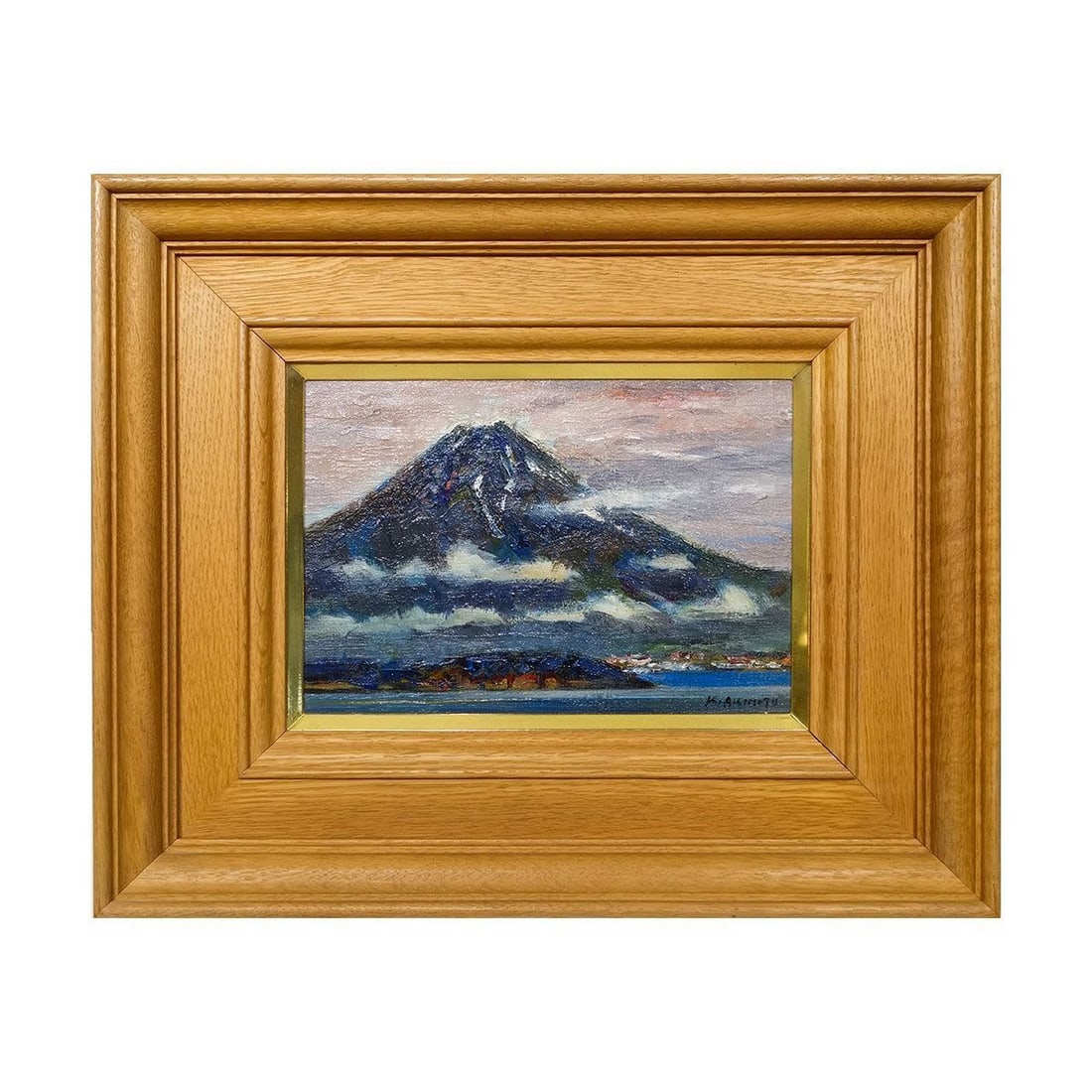 Mount Fuji crosses over Lake Kawaguchi, by Akihiko Akimoto: The majestic Mt. Fuji and the tranquil lakeside town scenery. This is a picture that depicts a harmonious and peaceful landscape. Akimoto Kiyohiro actively served as a director of the Nitten and the v