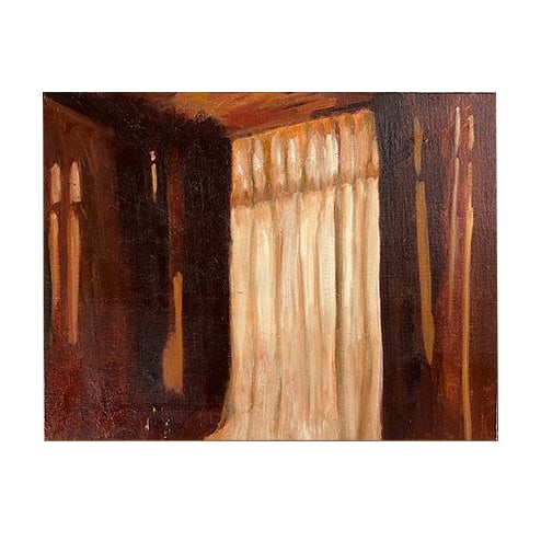 Night room, original oil painting 2011: On a cold night, orange sunlight streamed through the window onto the white curtains, and the light from the curtains cast a deep orange glow onto the walls of the room.On a cold night, the orange lig