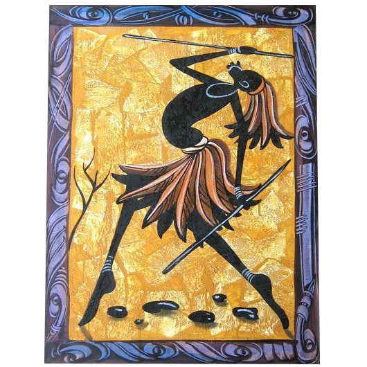 African Art, Oil Painting: It is an oil painting themed on Africa, with bright colors, and mounted on a canvas within a wooden frame.The dynamic shapes and striking use of color are admirable.Although the pattern is in the Afri
