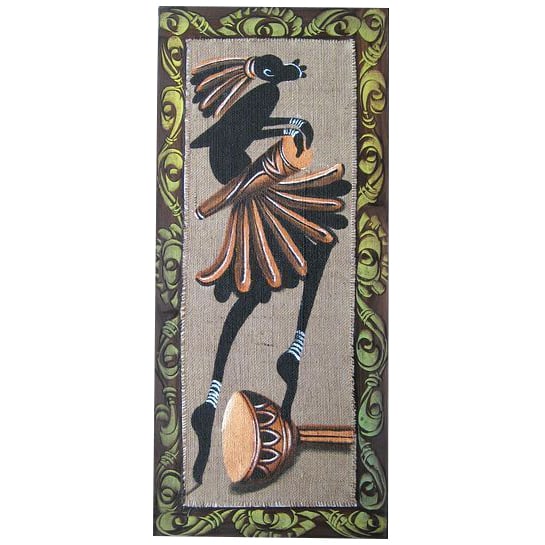 African Art, Oil Painting: This painting, themed on Africa, is vividly painted with oil colors on a linen canvas stretched over a wooden frame.The dynamic shapes and striking use of color are impressive.While the pattern is of