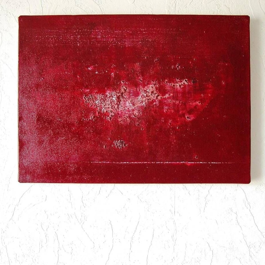 An abstract oil painting by Shidama Toyomi with a deep red background (1 of 6)