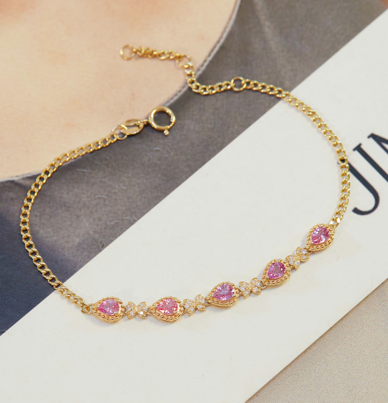 18K Gold Diamond Powder Blue Sapphire Bracelet: 18K Gold Diamond Pink Sapphire Bracelet