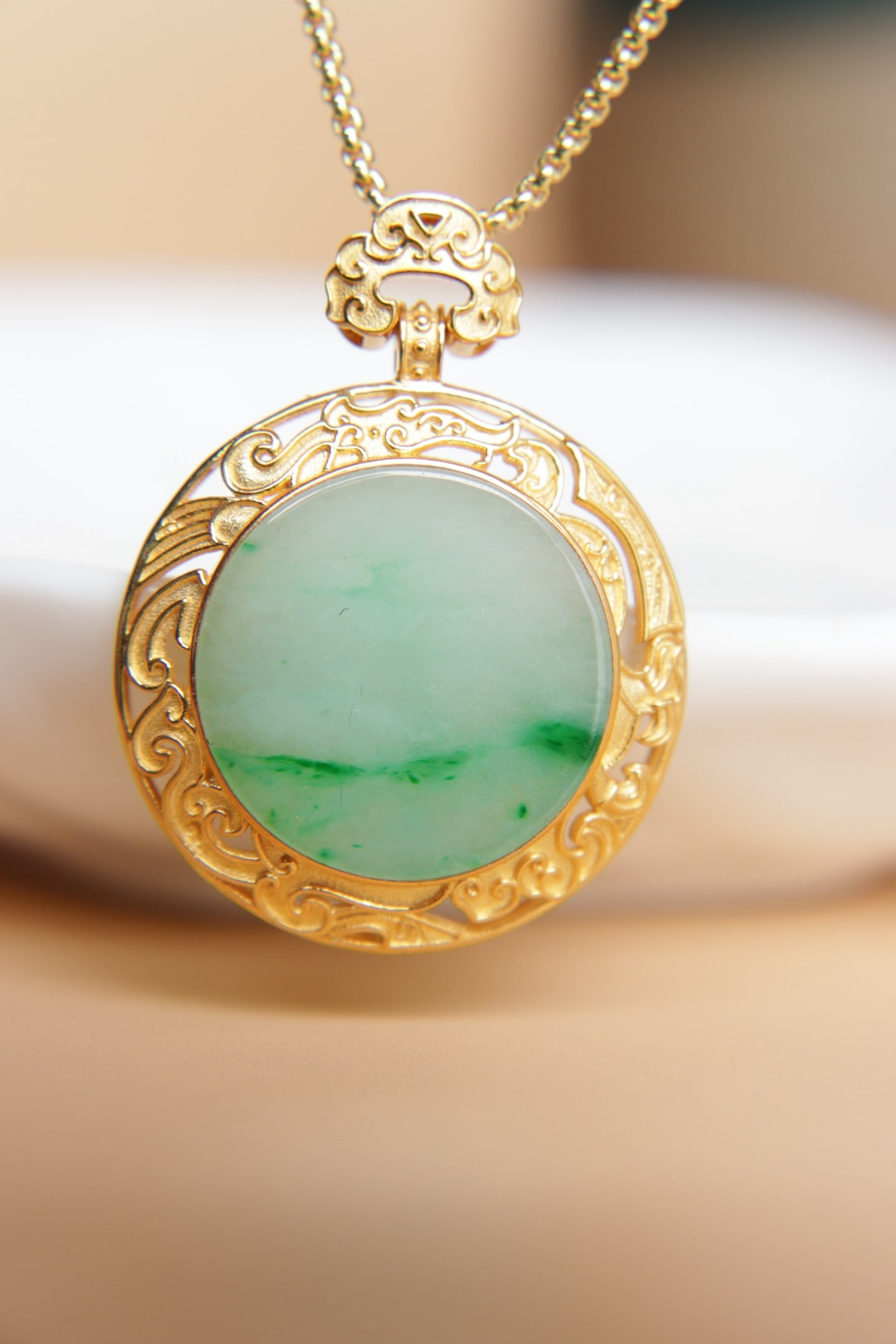 18K Gold Inlay Natural Jade Round Pendant with Green (1 of 9)
