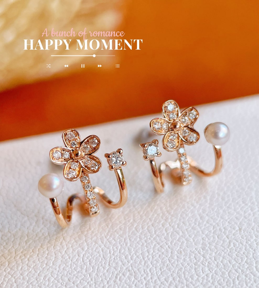 18k Diamond Flower Stud Earrings: Elegant and ethereal floral earrings, resembling the blooming flowers of spring, adorned with diamonds and pearls, exuding an air of fairy-like charm and enduring appeal, satisfying the heart of