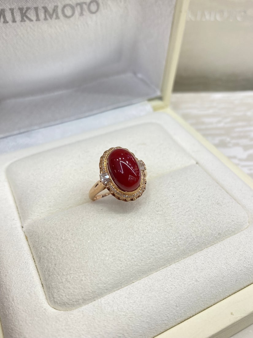 18k Gold Plated Ring Set with South African Diamonds and Red Coral: Red Coral RingAka Black Cow Blood Pigeon Egg Face18k Gold Clad with South African DiamondsGlassy texture, clear and transparentNaked stone size 13.3×9mm
