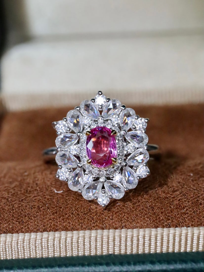 18K Unheated Padparadscha Ring: 18K Unheated Padparadscha RingWeight 3.85g, Main Stone 0.69ct, Diamonds 0.09ct