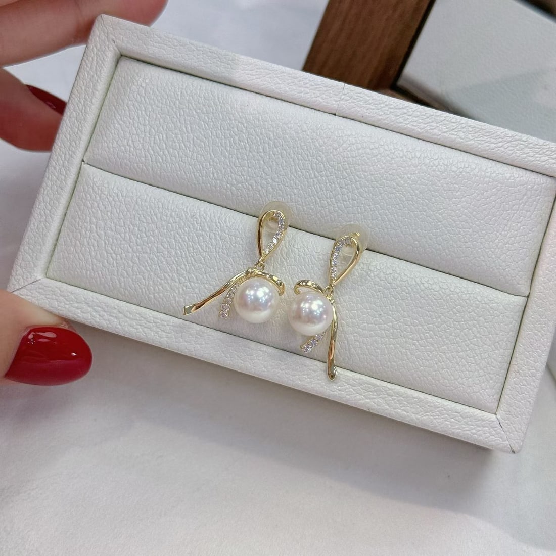 Pure Silver Bow Pearl Earrings: Pure Silver Bow Pearl Earrings, 7-8mm Seawater Akoya