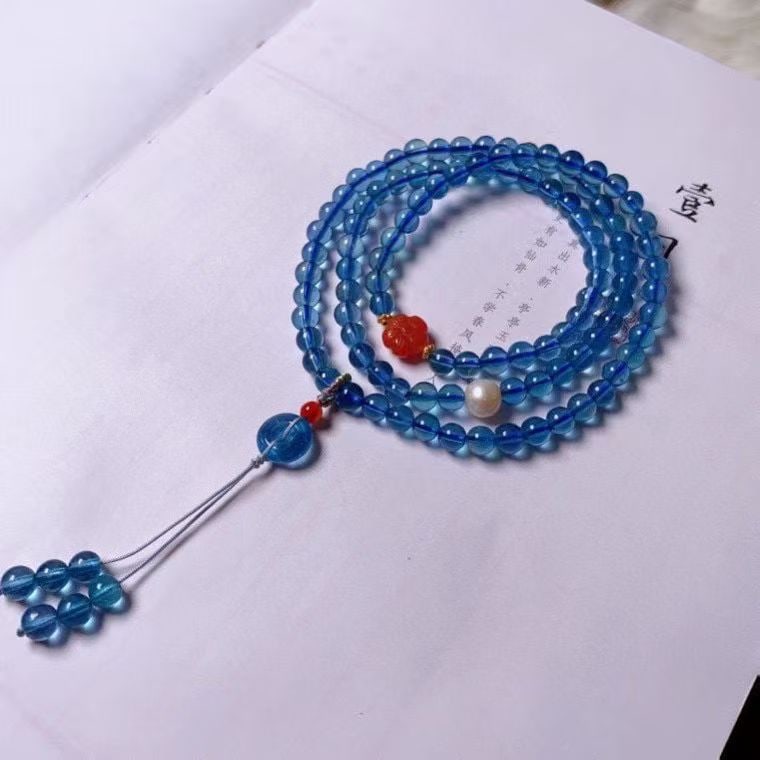 Pure Natural Premium Pure Devil Blue Aquamarine Multistrand Bracelet: Pure Natural Pure Devil Blue Aquamarine Multistrand Bracelet, Beautiful Color, Extremely Gorgeous in Person, Super Blue Color, Paired with Carnelian, Pearl, Aquamarine Pendant, Beads 5.1mm