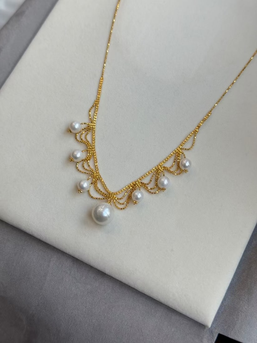 S925 Pure Silver Freshwater Pearl Necklace: Lace princess style necklace S925 pure silverFreshwater multi-bead 5-6mm, 10-11mm round with almost no flaws, strong luster