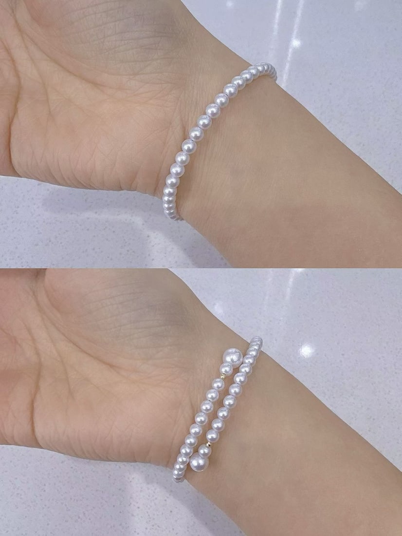 18K Gold Pearl Bracelet: Super convenient and easy-to-wear bracelet made of Japanese elastic steel. 3-4mm round glow freshwater baby pearls, finished with 6-7mm glow freshwater pearl beads at the end. The body features nearly