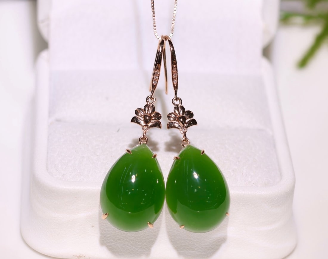 18K Rose Gold Plated with Diamonds, Jade Earrings (1 of 6)