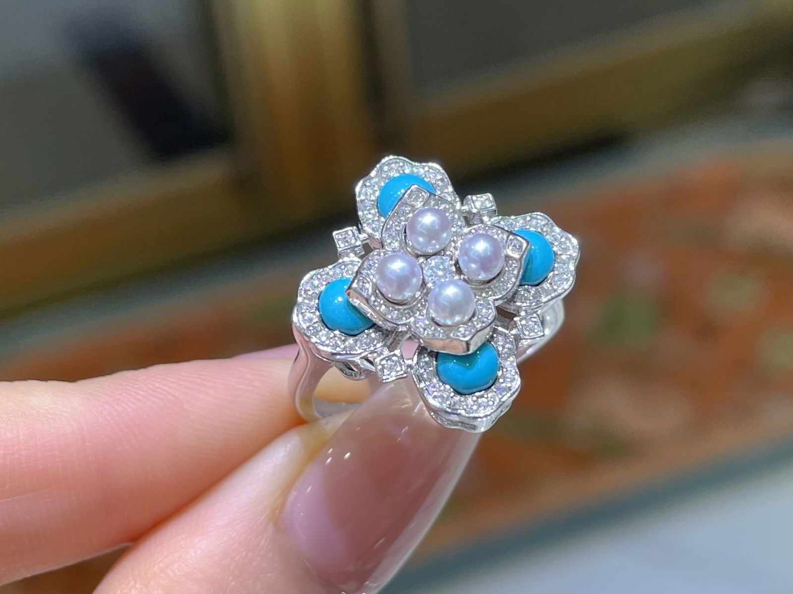 925 Sterling Silver Natural Freshwater Pearl Ring: Natural color freshwater vintage turquoise. European classical K gold technology 925 pure silver version3—4mm perfect round, strong light, flawless.