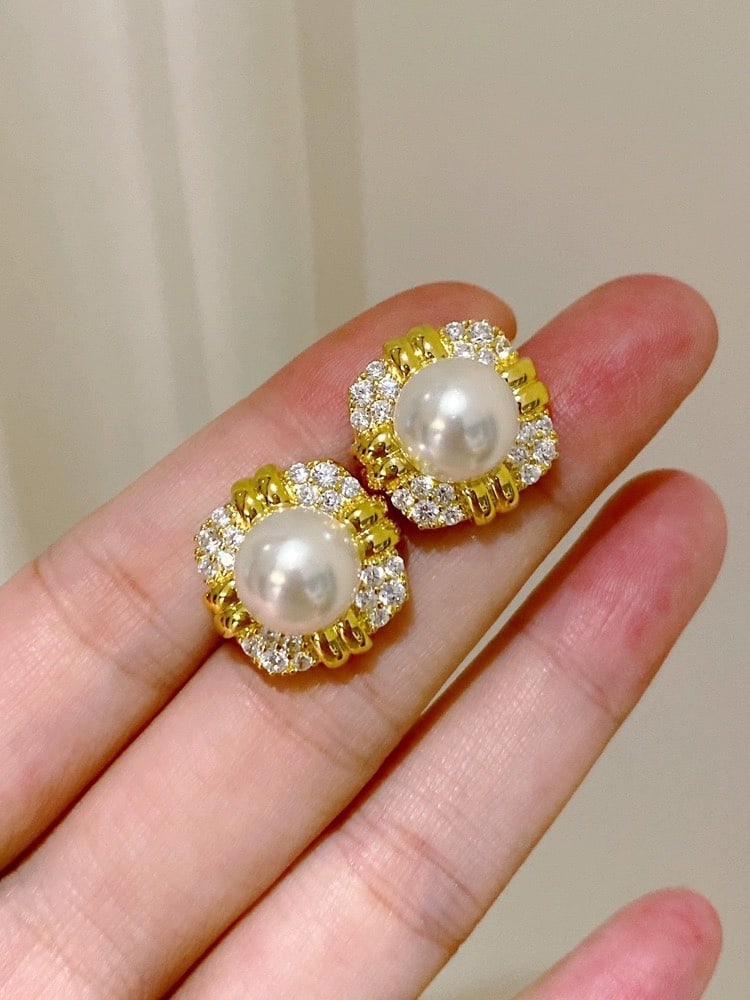 14K Gold Freshwater Pearl Earrings: French vintage diamond stud earrings, 8-9mm high-quality natural freshwater pearls, 14k gold-filled S925 sterling silver hypoallergenic posts