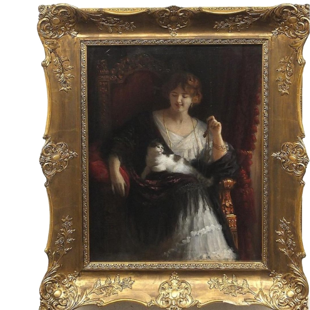 John Friedlinger 'Lady with a Cat' oil painting decorative painting: Painter: John FriedlingerTitle (Common Name): 'Lady with a Cat'Technique: Oil on canvasSubject: Portrait of a woman + catPeriod: Late 19th to early 20th century Freight: 1.International Shipping: