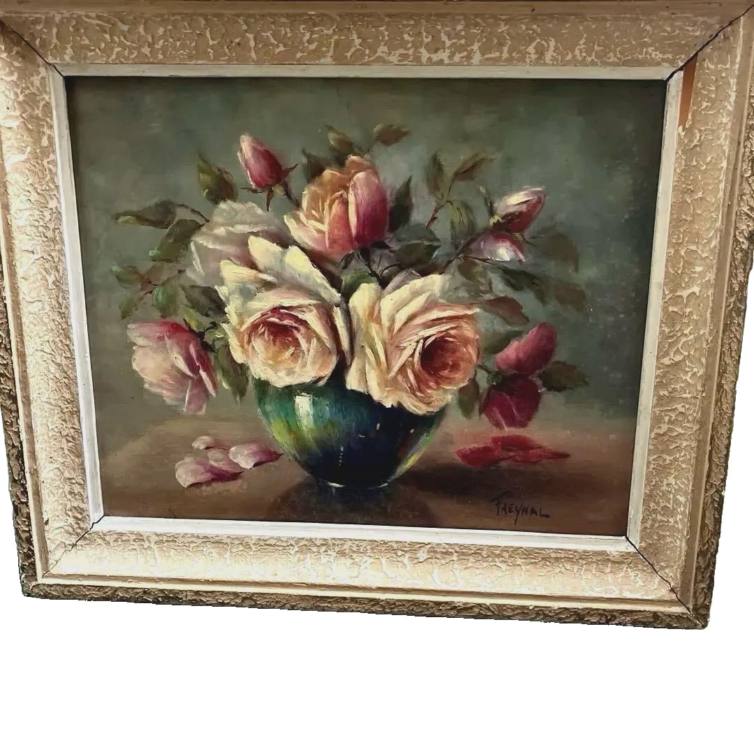 French Antique Oil Painting, Artist's Work Vase of Roses: This is a rare antique French oil painting of roses in a vase. It is exquisitely painted and has always been cherished. Size: 33 cm x 28 cm, thickness: 3.5 cm Freight: 1.International Shipping: