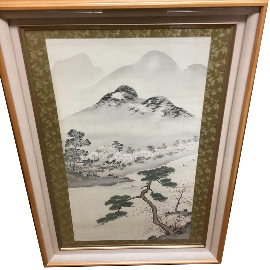 Harusada Hishida's landscape paintings: A landscape painting by Hisho Hishida. A beautifully mounted colorful landscape painting by Hisho Hishida, signed and sealed.Condition: Both the frame and the painting itself are very well preserved.S