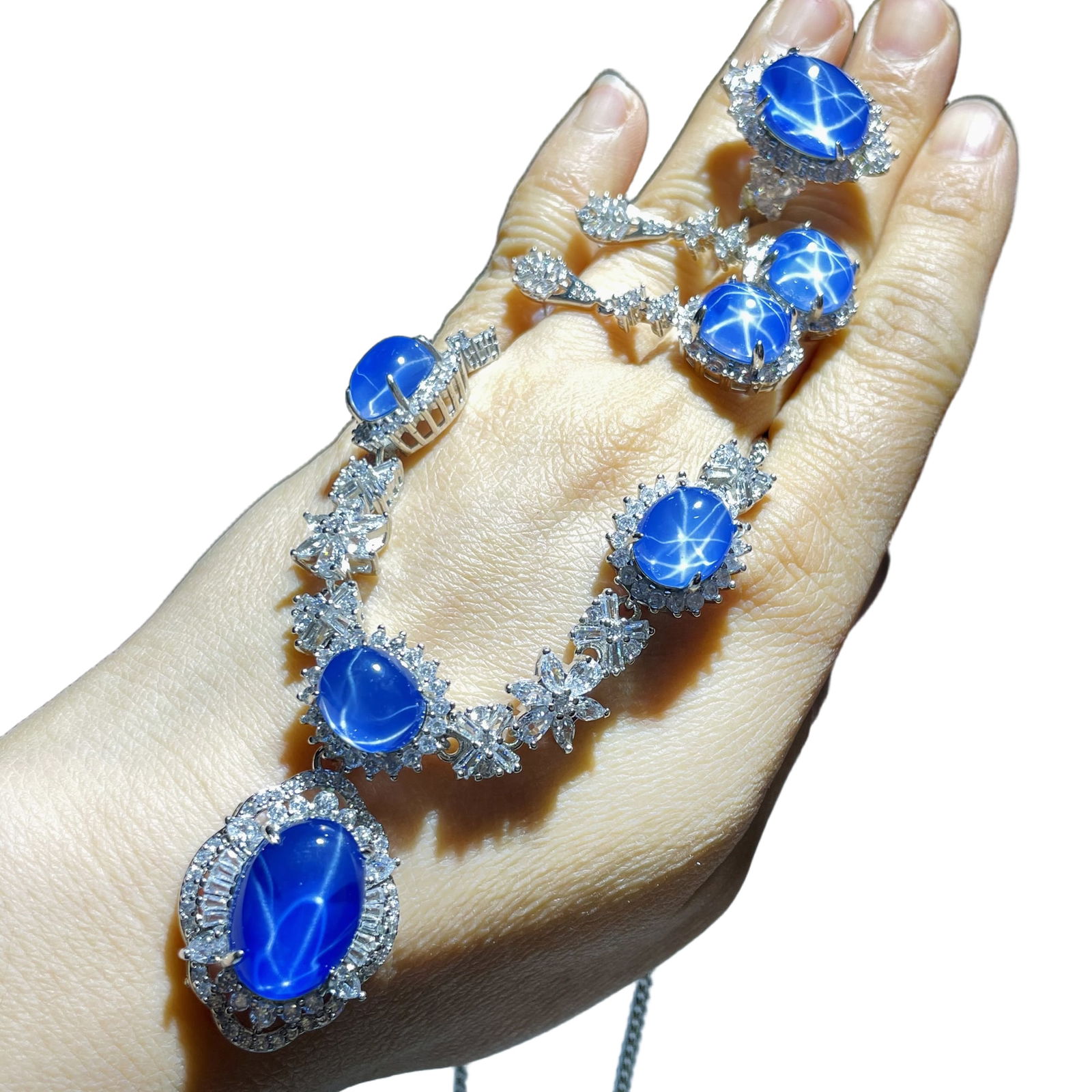 Blue Starlight Gem Jewelry Set: Blue Starlight Gem Jewelry Set with a hardness of 9 or above1.2×1.0 cm, 1.6×1.2 cm, 1.8×1.3 cm, weighs 60 grams Freight: 1.International Shipping: Foreign shipping costs are determined by the desti