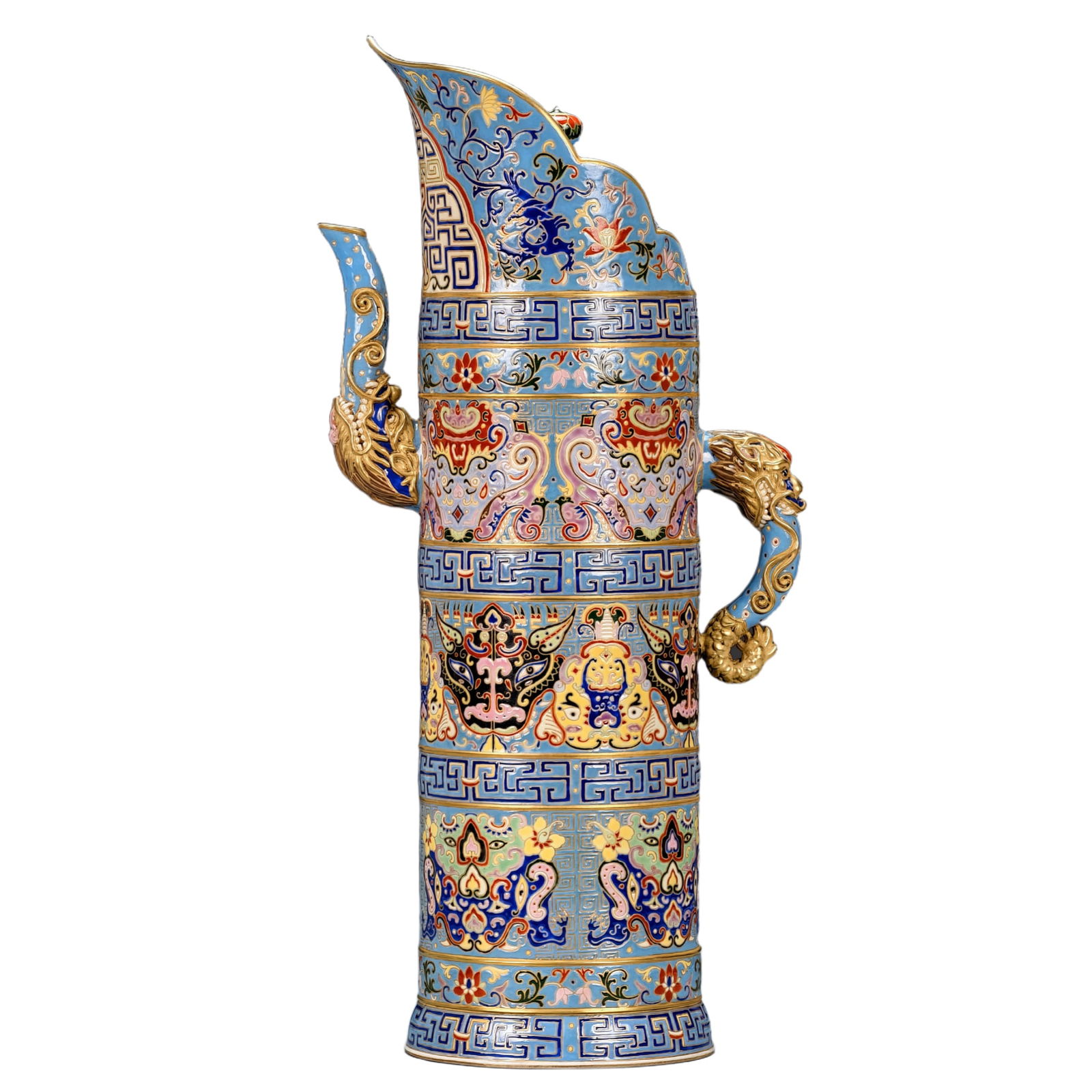 Qing Dynasty Qianlong Era Enamel Colored Large Size Monk's Cap Ewer with Full Decoration of Beast: Qing Dynasty Qianlong period, cloisonné enamel large size monk's cap pouring pot with full body decoration of animal face patterns. Height: 50cm, Width: 23cm. During the Qianlong period, the