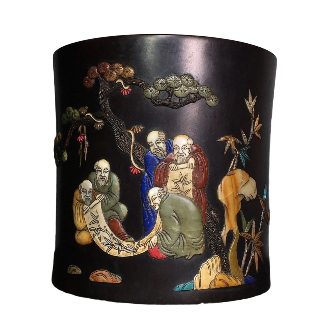 Small Leaf Teak Wood Inlaid Multi-Treasure Pen Holder: Rosewood multi-inlay brush pot with clear gold star cow hair pattern, height 24 centimeters, width 23.5 centimeters, weight 4970 grams Freight: 1.International Shipping: Foreign shipping costs are