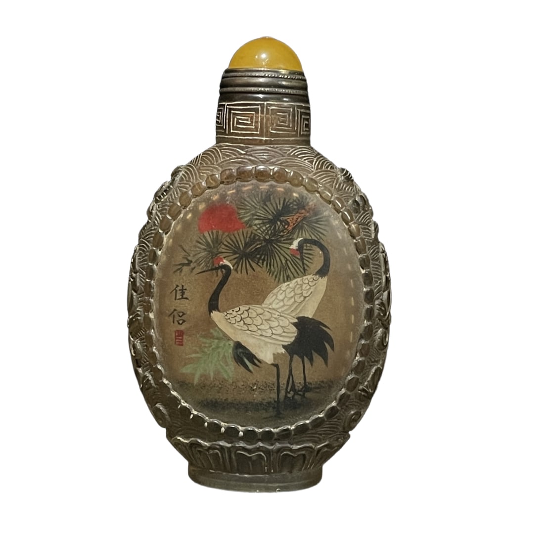 Old Liuli Cloisonné Snuff Bottle with 'Pine Crane Longevity' Painting: Antique: A 'Pine Cranes for Longevity' snuff bottle with old glaze interior painting by a renowned artist, featuring exquisite craftsmanship and perfect condition. Height: 9.5cm, Width: 5.6cm,