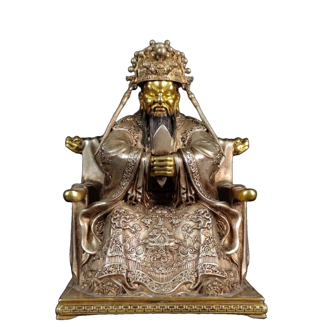 Copper Gilded True Gold and Silver Dragon Five God of Wealth Statue: Gilt Copper and True Silver Dragon Wuye Wealth God StatueHeight 10 cm, Width 7 cm, Thickness 6 cm, Weight 680 grams Freight: 1.International Shipping: Foreign shipping costs are determined by the
