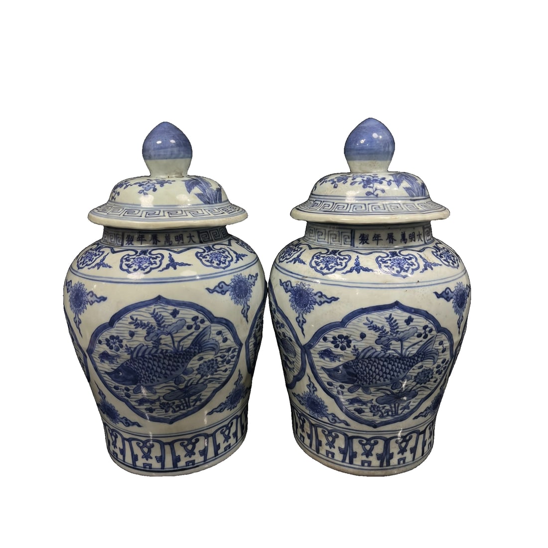 Ming Dynasty Wanli Era Blue and White Fish and Grass Pattern General Jar Pair: This pair of general jars originated from the Wanli period of the Ming Dynasty, showcasing the style and grace of the era with their blue and white fish and aquatic plant decorations. With a height of