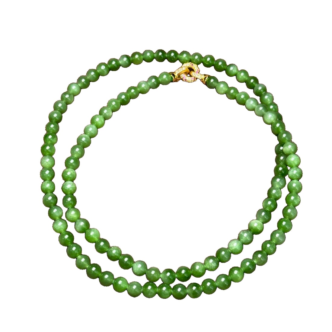 Hetian Jade Green Jade Necklace: Hetian jade nephrite necklace, each bead plump, round and smooth, the texture of the jade is fine and warm, the color is bright, an excellent piece to wear. Single bead diameter 6mm weighs 40g