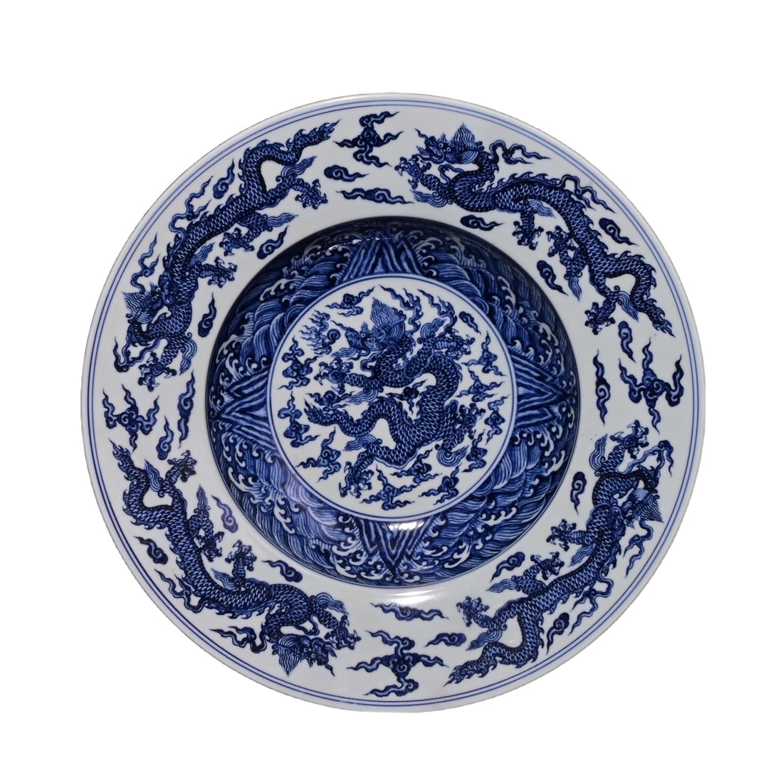 Ming Dynasty Xuande Blue and White Five-Dragon Motif Hat-Shaped Appreciation Plate: A blue and white porcelain bowl with a pattern of five dragons and a conical shape, made during the Xuande period of the Ming Dynasty, height 10.3×47.8 centimeters Freight: 1.International Shipping: