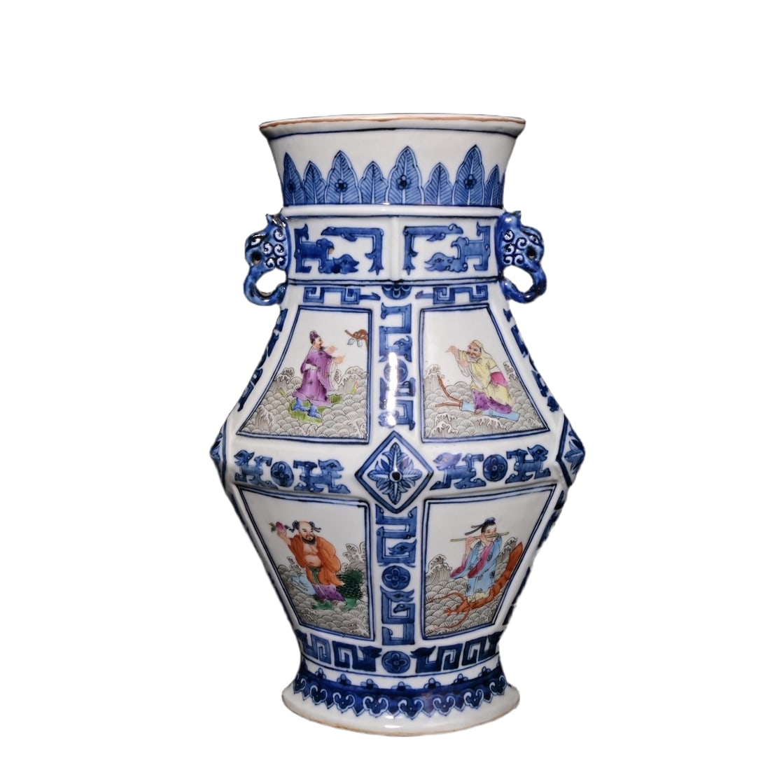 Antique Red Wood Box with Qing Dynasty Qianlong Period Blue and White Powder Color Eight Immortals: Antique rosewood box containing a Qing Qianlong period blue and white famille verte octagonal vase with Eight Immortals and story patterns, height 30.5×19.5 cm Freight: 1.International Shipping: