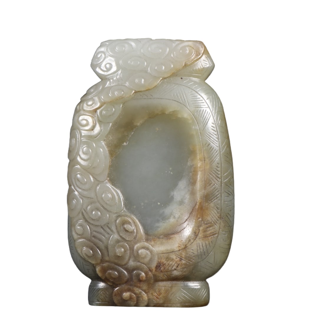 Azure, Hetian Jade Seed Material Ruyi Inkstone: Qing Dynasty Hetian Jade Ingot with Loop Pattern InkstoneMaterial and Craftsmanship: Made of superior Hetian jade, the texture is warm and fine, with natural patina (brownish-yellow) partially