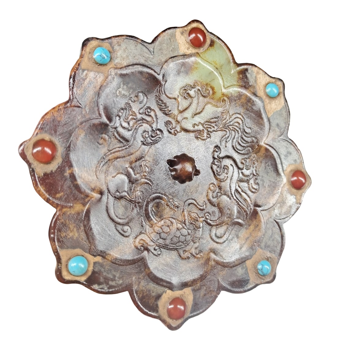 Ancient Jade Inlaid with Gemstones: Azure Dragon, White Tiger, Vermilion Bird, and Black Tortoise: Ancient jade with inlaid gemstones depicting the Azure Dragon, White Tiger, Vermilion Bird, and Black Tortoise, the patina is mature and rich, the preservation is intact, and it is worthy of being che