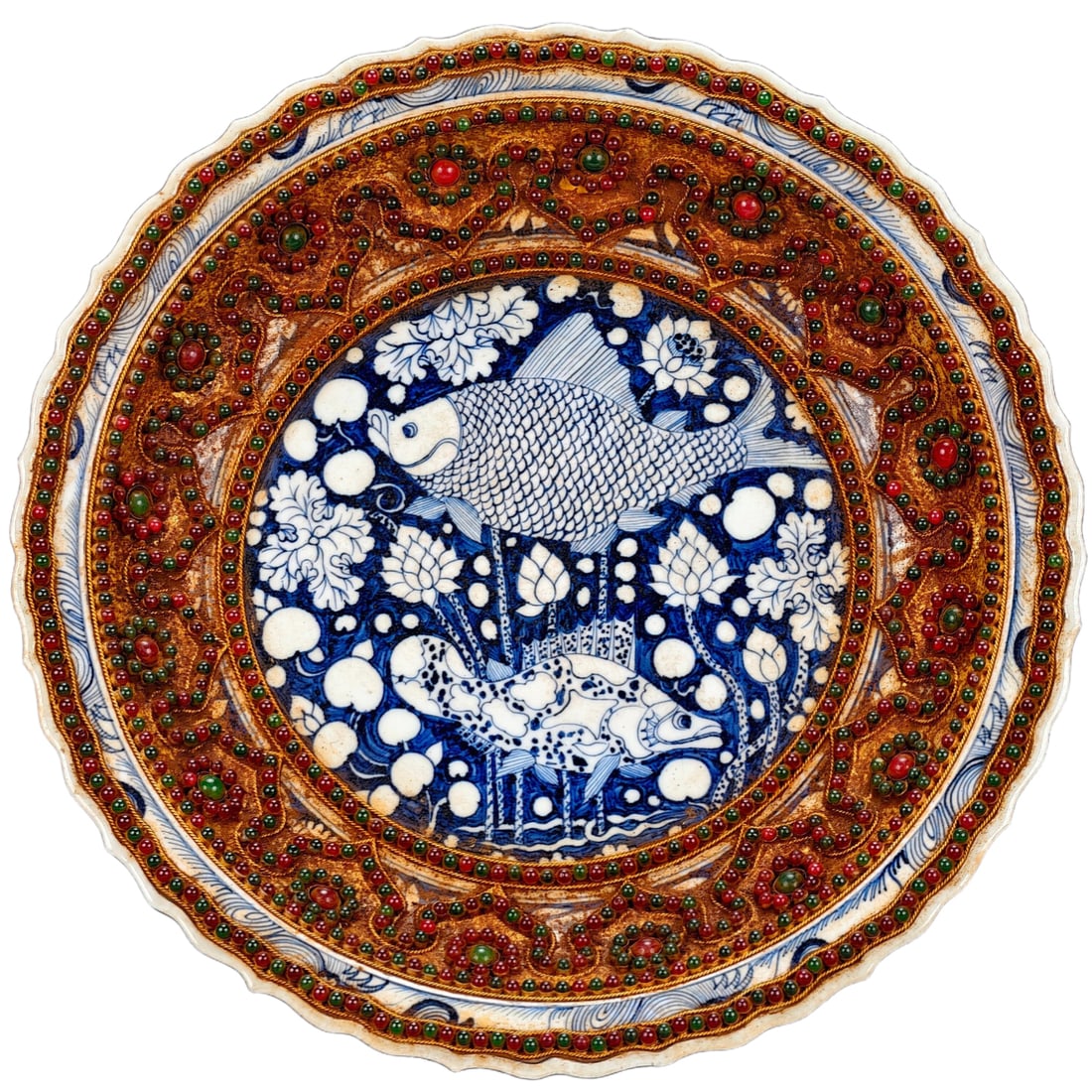 Yuan Dynasty Blue-and-White Porcelain Dish with Gold Filigree, Inlaid Gems, and Lotus Pond with Fish (1 of 10)