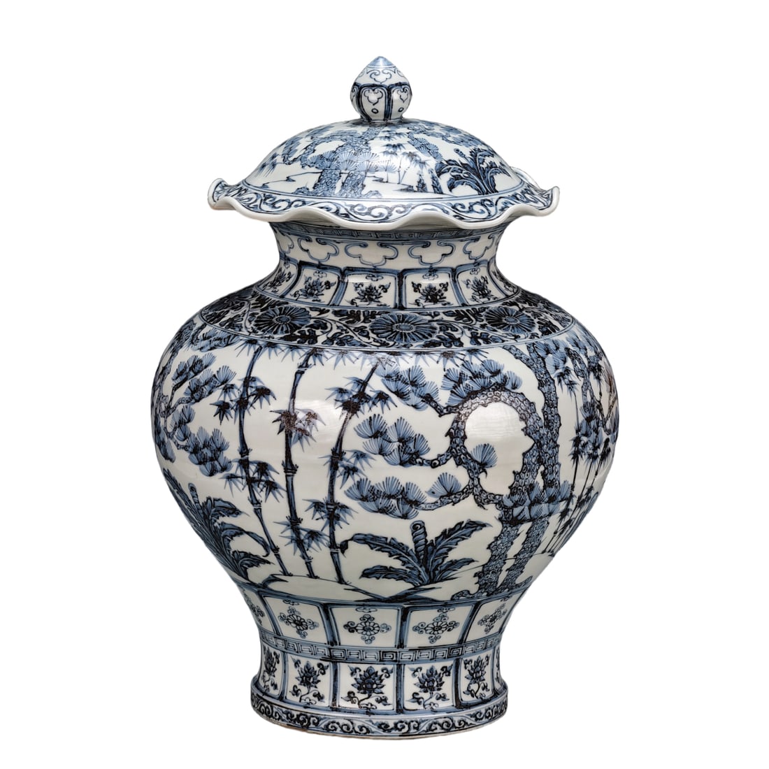 Ming Hongwu Blue and White Painted Lotus Leaf Covered Jar with 'Three Friends in Cold Weather' (1 of 10)