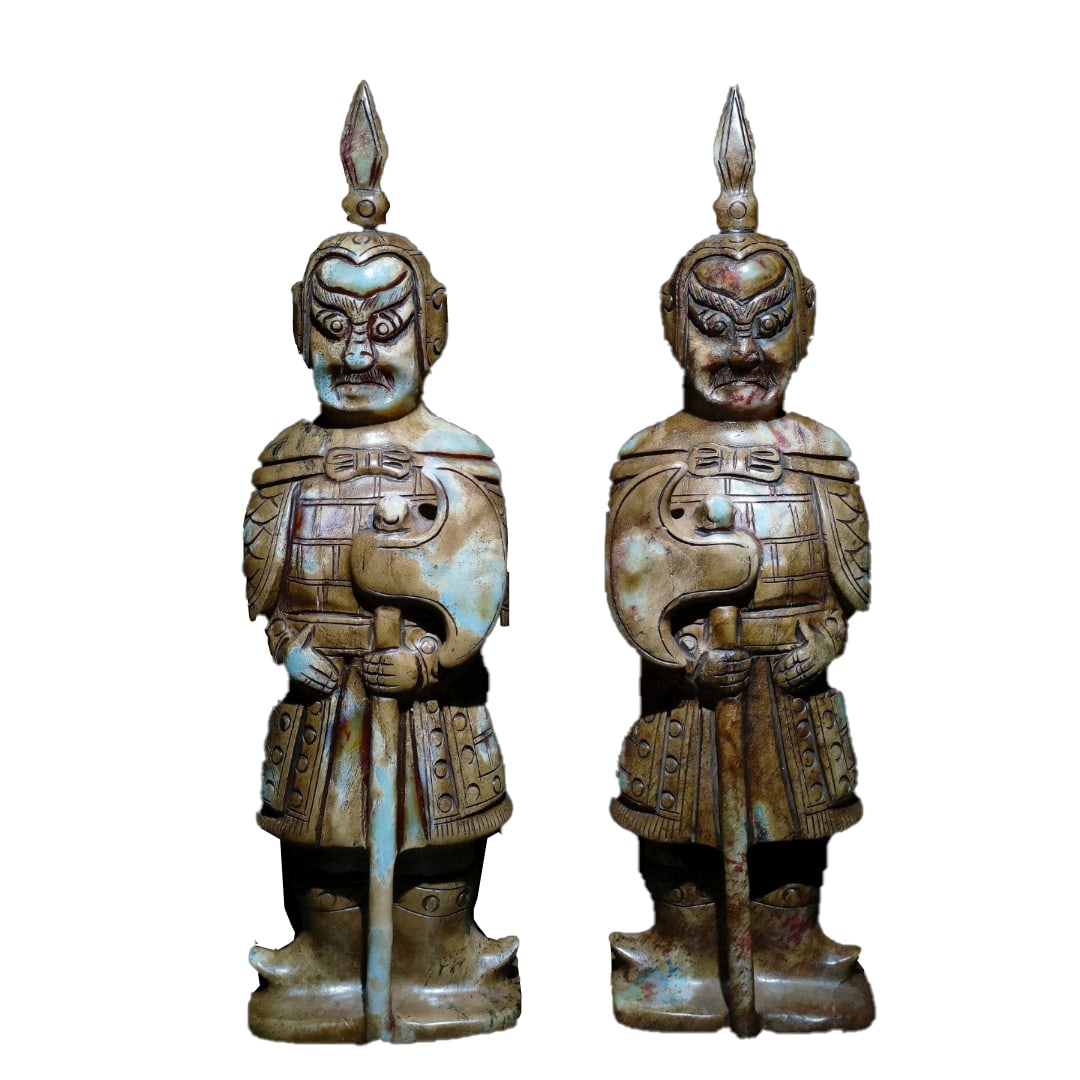Collection of Ancient Jade Guardian Ornaments (Pair): A pair of ancient jade guardian figuresExquisitely crafted and well-preserved, individual sizeHeight 33×Width 10 cmWeight 10.3 jin Freight: 1.International Shipping: Foreign shipping costs are determ