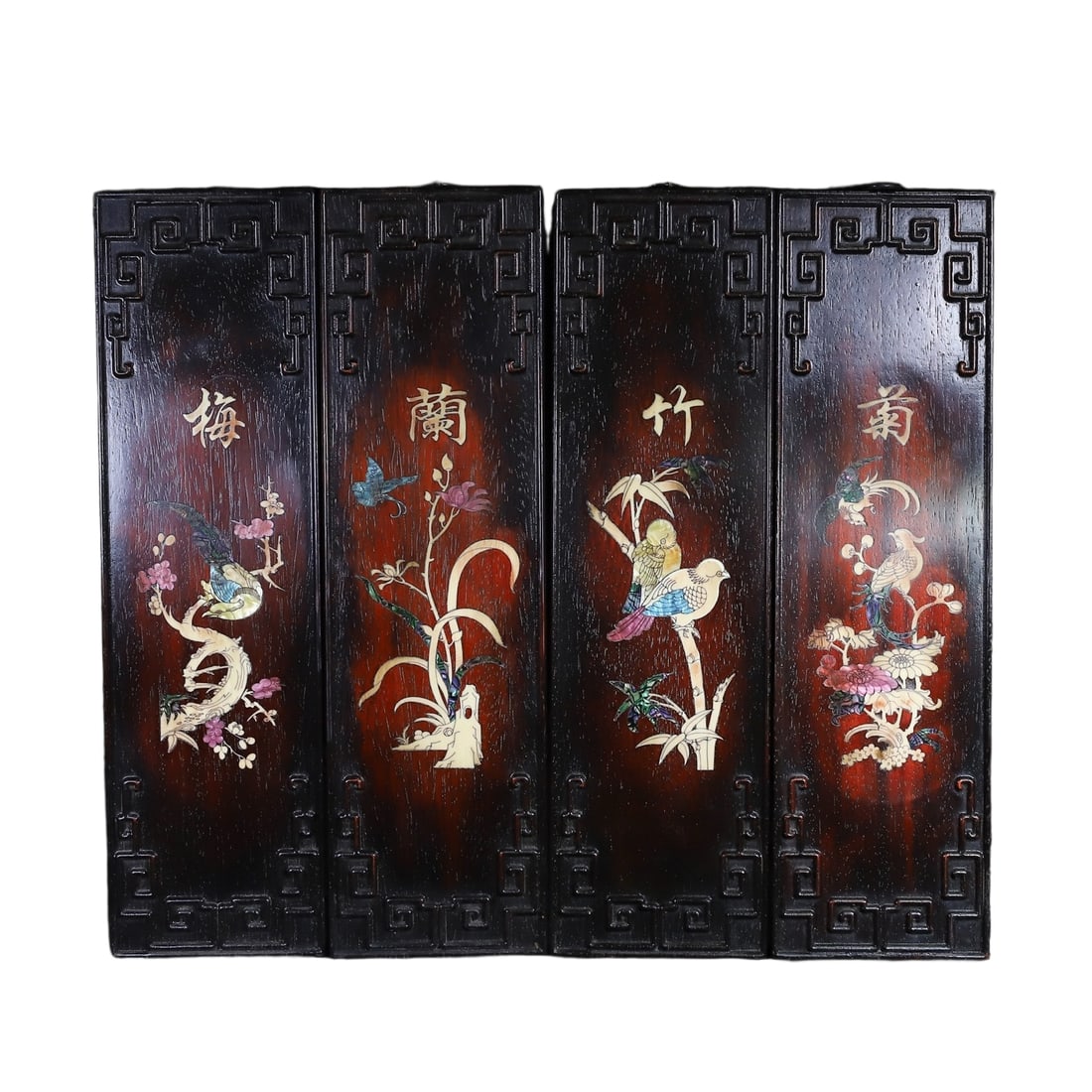 Collection of Red Sandalwood Inlaid with Precious Flowers Four-Panel Hanging Screen Set: A set of four hanging screens featuring plum blossoms, orchids, bamboo, and chrysanthemums inlaid with various precious materials in rosewood, meticulously selected and crafted with a rich, smooth,