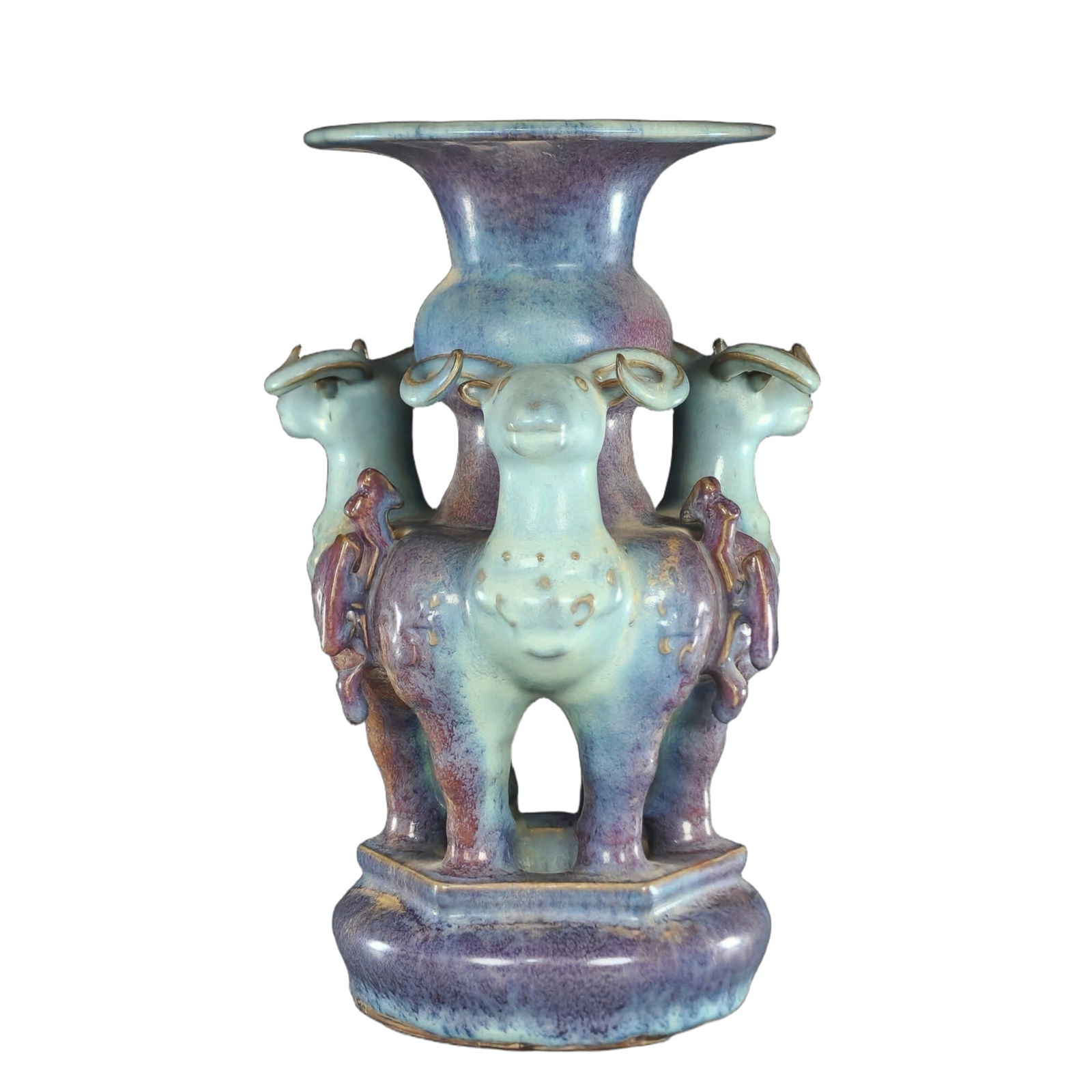 Song Jun Kiln Moon White Glaze Kiln-Changed Purple Spot Pattern Three Sheep Zun (1 of 10)